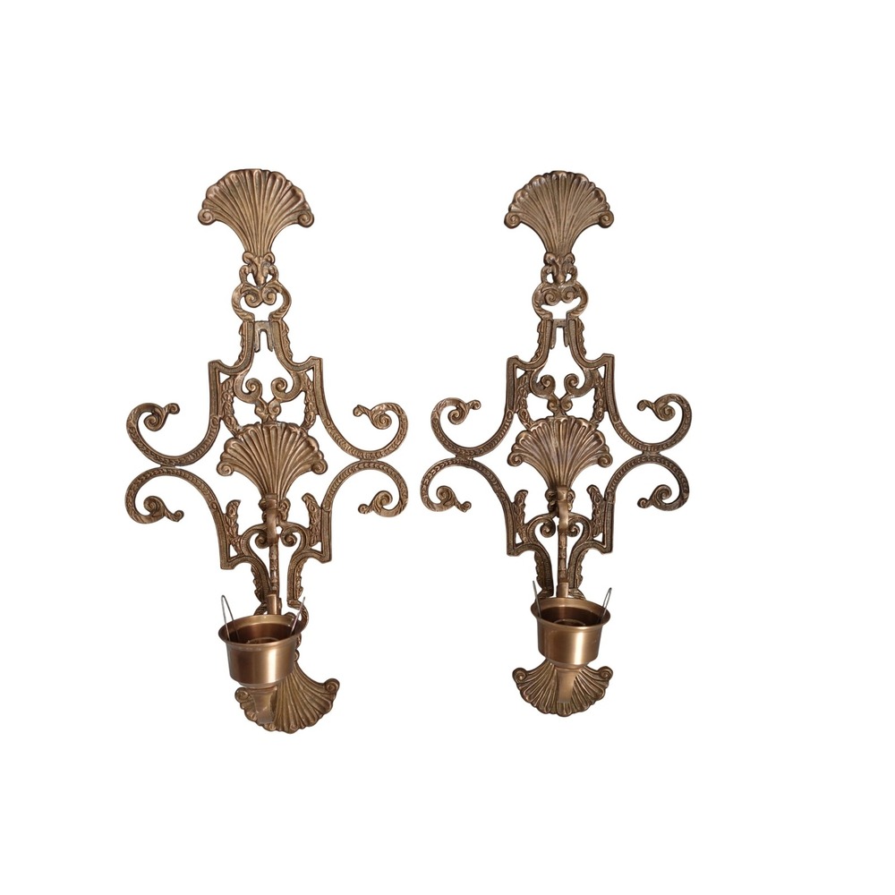 Vintage Gold Ornate Metal Candle Wall Sconces Pair Hollywood Regency Decor Set 2